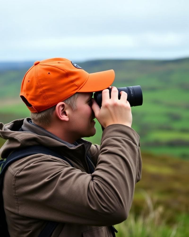 Hunter with rifle surveying pristine wilderness